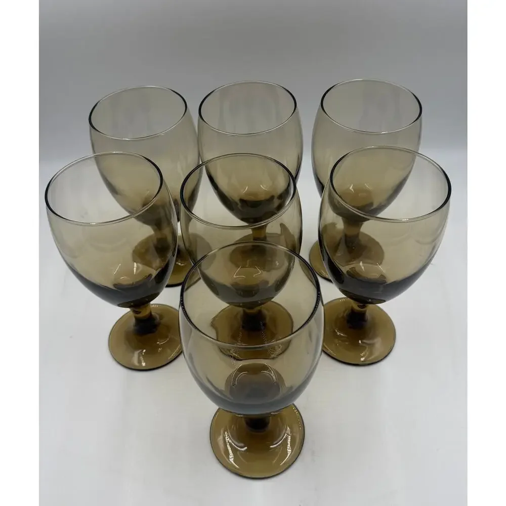 Vintage Libbey Smokey Brown Set of 7 Water Goblet Glasses (V8476)